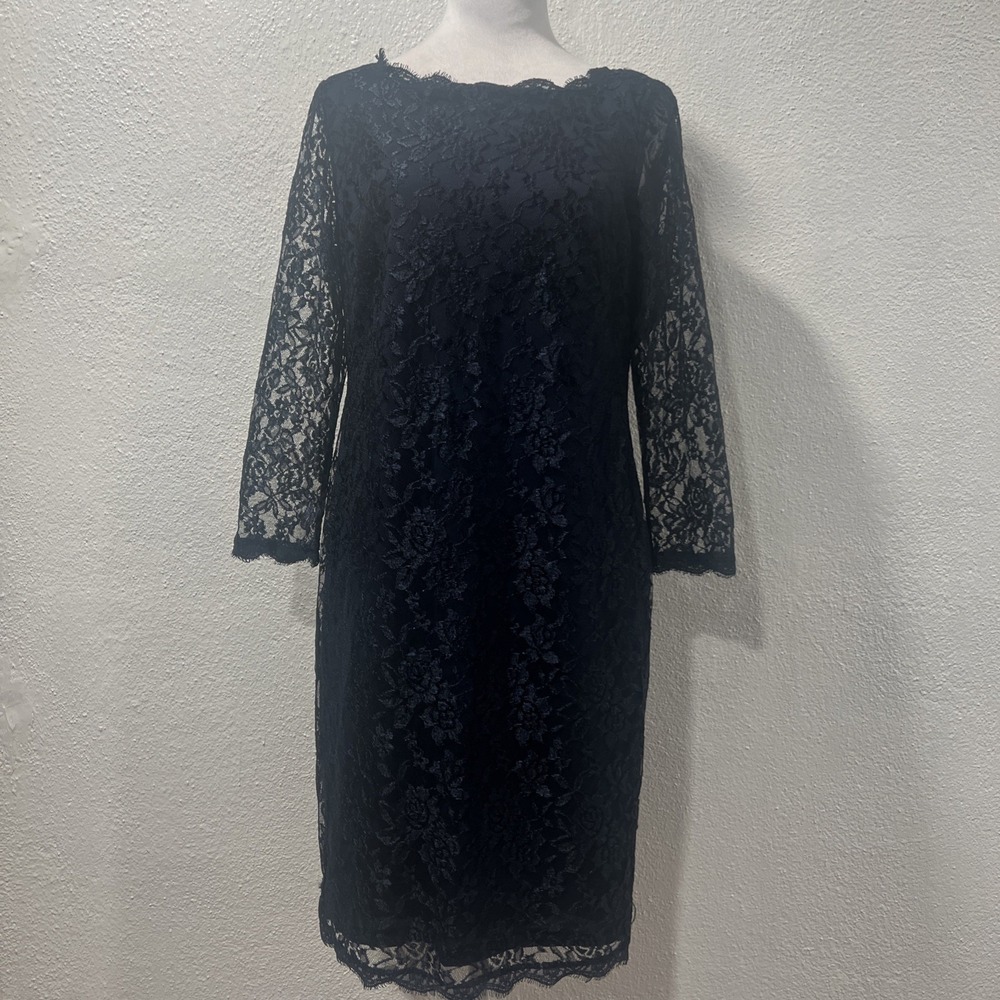 Simply Liliana Dress Womens 12 Cocktail Navy Blue Floral Lace 3/4 Sleeves